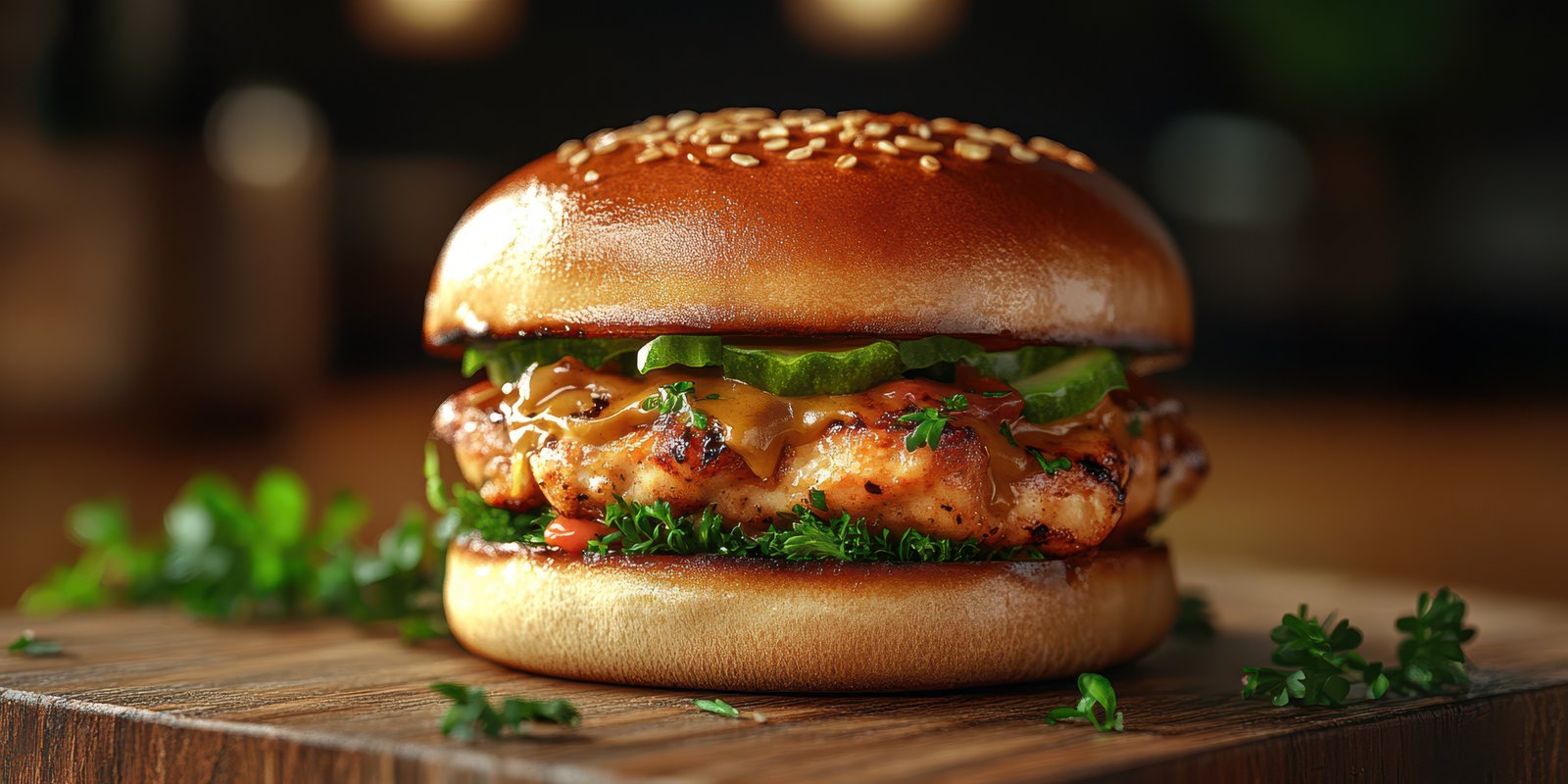 Mouthwatering grilled chicken sandwich served on a sesame bun with fresh lettuce and herbs, highlighting its delicious toppings and textures